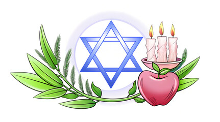 Stylized Sukkot decoration with Star of David, candles, apple, and greenery in vibrant illustration