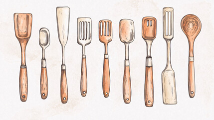 Hand Drawn Wooden Kitchen Utensils Collection