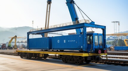 Obraz premium Crane hoisting container in railroad yard for efficient cargo handling and transportation