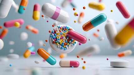 Capsules and pills float through the air, symbolizing the dynamic world of pharmaceuticals.