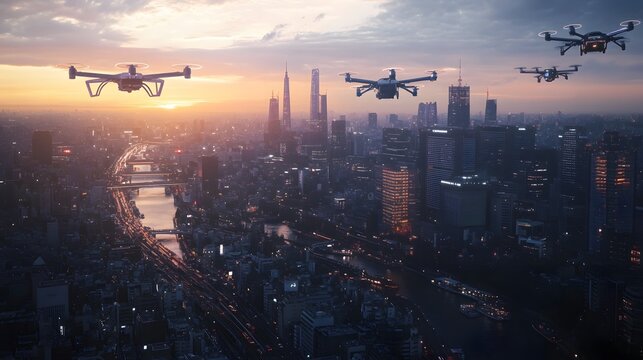 A bustling cityscape where blockchain-powered drones and IoT-controlled traffic systems ensure safe and efficient transport