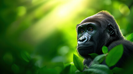 Fototapeta premium A baby gorilla is standing in a lush green forest. The baby gorilla is looking at the camera with a curious expression. The scene is peaceful and serene