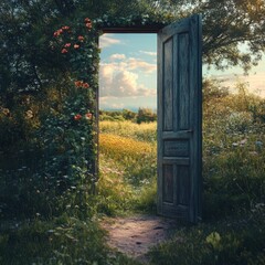 Open Wooden Door to a Beautiful Landscape with Flowers and Green Grass