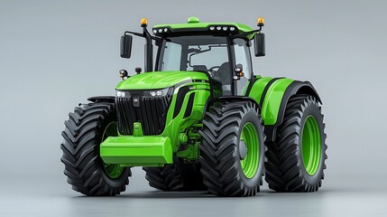 Obraz premium A modern green tractor with large tires rolls through a field, ready for a day of work.