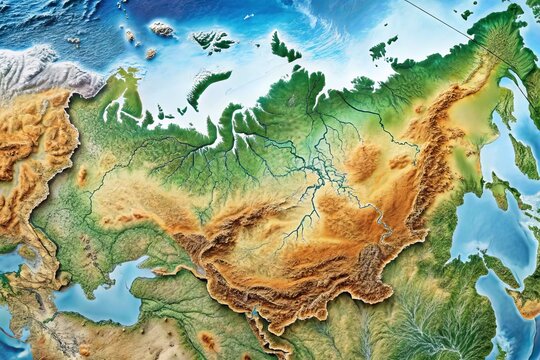 Detailed topographic map of Siberia, Russia, showcasing vast territories, mountains, rivers, and forests, with a subtle
