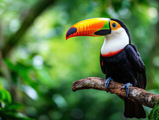Obraz premium A colorful bird with a long beak is perched on a branch. The bird is surrounded by lush green foliage, creating a serene and peaceful atmosphere