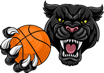 Black panther leopard or jaguar cat basketball sports team mascot holding a ball