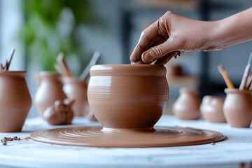 Creating pottery requires skill and creativity. An individual is shaping clay on potters wheel, showcasing art of pottery making. scene is filled with various clay pots and tools, emphasizing crafts i