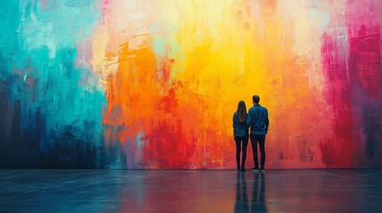 Couple Admiring Modern Abstract Art in Gallery