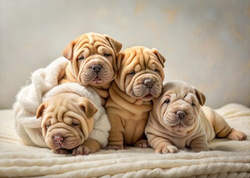 Adorable wrinkled mini Shar Pei puppies surrounded by soft toys, playing and cuddling on a warm beige blanket, showcasing their gentle and affectionate nature.