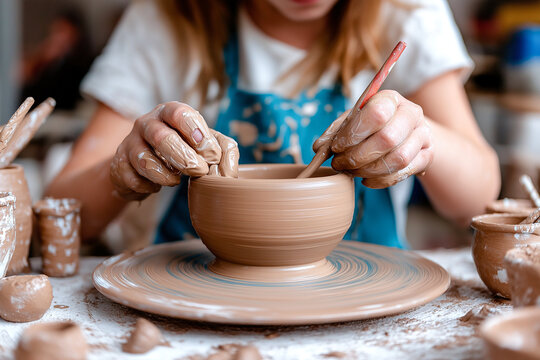 Creating pottery requires skill and creativity, as seen in this image of an individual shaping clay on potters wheel. focus and dedication are evident in their hands