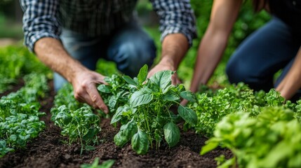 Hands Gardening Fresh Greens in a Vegetable Garden