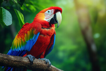 A colorful parrot is perched on a tree branch. The bird is red, blue, and green, and it is looking...