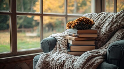 Cozy Autumn Reading Nook with Books and Blanket