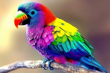 Obraz premium A colorful parrot perched on a branch. The bird is multicolored and has a bright, cheerful appearance