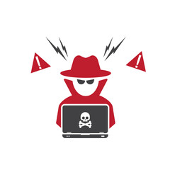 Hacker at laptop icon. Flat illustration of hacker at laptop vector icon for web design	
