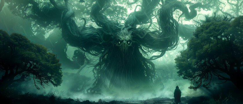 A large, eldritch Lovecraftian tree god with many eyes and tentacles in the forest