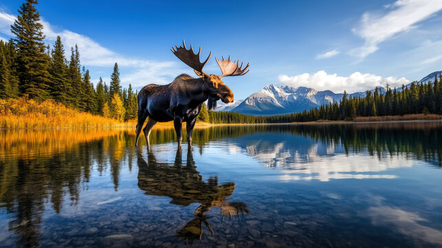 A large moose stands in front of a lake. The lake is calm and the sky is clear