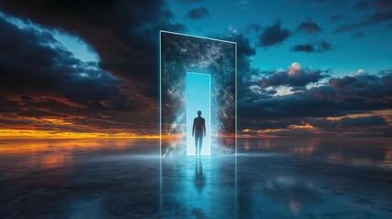 A banner depicting a human figure walking through a door into a bright future
