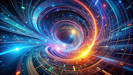 Obraz premium Digital data streams merge into a vibrant, swirling vortex, symbolizing the fusion of information and technology in a