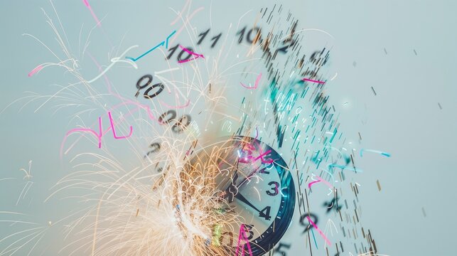 Dynamic clock with exploding numbers and fireworks on blue background, festive concept, copy space
