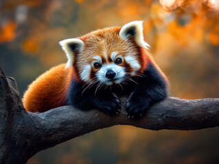 Obraz premium A red panda bear is sitting on a tree branch. The bear is looking at the camera with a curious expression