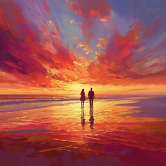 Fototapeta premium Silhouettes of a couple walking on a beach at sunset with a vibrant orange, yellow, and purple sky.