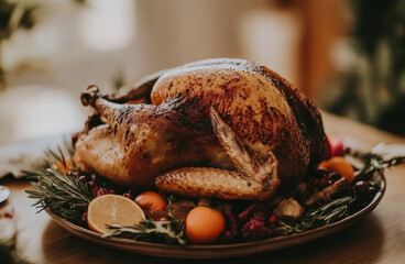  a cooked turkey on the table on a beautiful dish for celebrating Thanksgiving