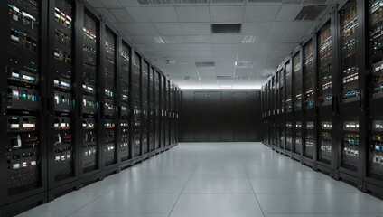 Obraz premium Connection network in servers data center room storage systems