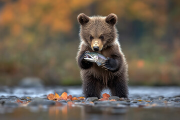 A young bear is holding a fish in its mouth. The bear is standing on a rocky shore near a river. Concept of curiosity and playfulness, as the bear is exploring its environment