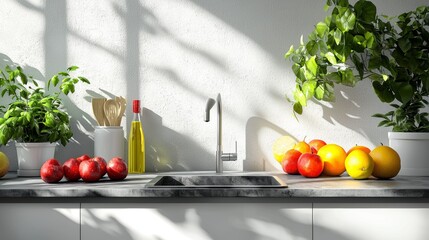 Modern Kitchen Sink with Sunlit Countertop and Fresh Fruit