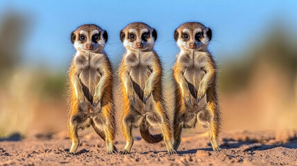 Three baby meerkats standing on a dirt field. Concept of innocence and curiosity as the young...