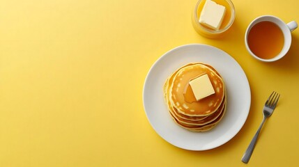 Delicious Pancakes with Butter and Syrup on a Yellow Background