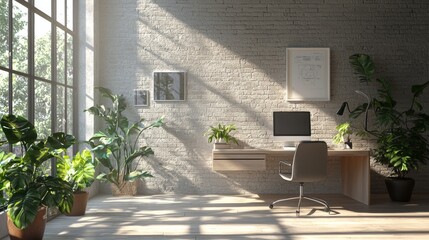 Naklejka premium Modern Home Office Workspace with Brick Wall Plants and Large Window