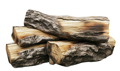 Stack of rough firewood logs on a transparent background with copy space for text