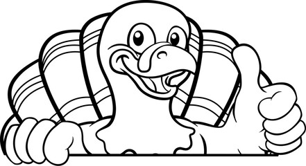 A turkey Thanksgiving cartoon bird Christmas mascot peeking around a sign with copy space