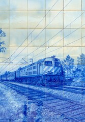 Typical, traditional tile artwork with train in Portugal 