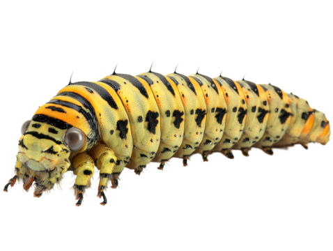 Bright yellow and black caterpillar with transparent background and copy space for text