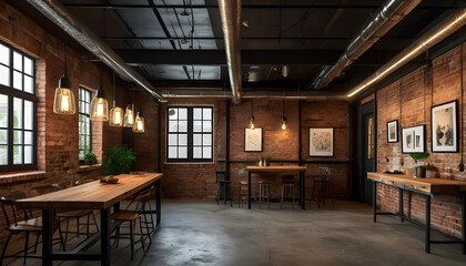 Fototapeta premium Exposed brick walls industrial lighting fixtures blank canvas artwork rustic windows wooden countertop or table