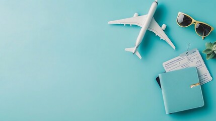 Travel Essentials  Airplane  Sunglasses  Passport and Boarding Pass on Blue Background
