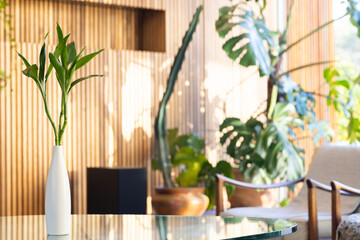 At home, Indoor garden with bamboo plant in vase on glass table, surrounded by greenery