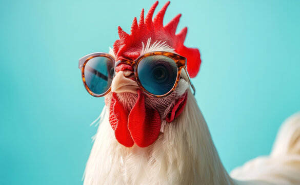 Close up of a cool smiling rooster wearing sunglasses, blue studio background, copy space. Stylish fashion chicken bird animal
