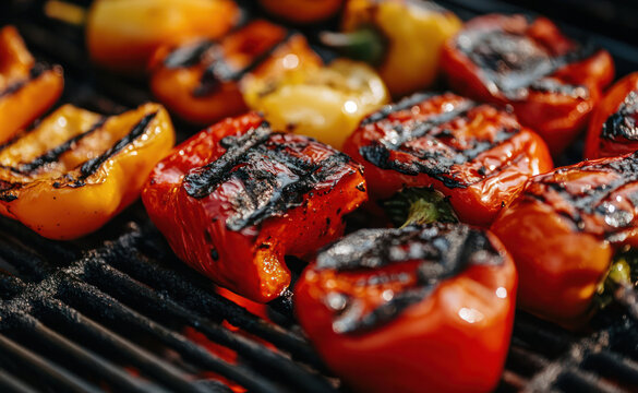 Closeup of grilled pepper paprika vegetable on barbecue. Delicious roasted healthy and organic vegetarian food, hot chili dinner meal, picnic lunch cooking