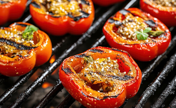 Closeup of grilled pepper paprika vegetable on barbecue. Delicious roasted healthy and organic vegetarian food, hot chili dinner meal, picnic lunch cooking
