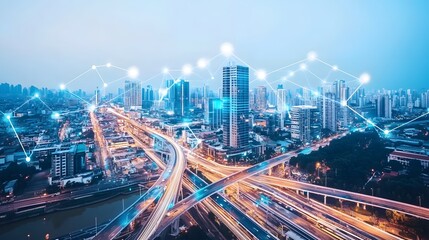 Fototapeta premium A smart cityscape where blockchain secures daily transactions and IoT technology enhances transportation and living spaces