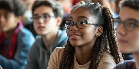 Group of diverse students in a classroom debate, close-up on varied expressions and animated gestures, bright lighting emphasizes inclusive education