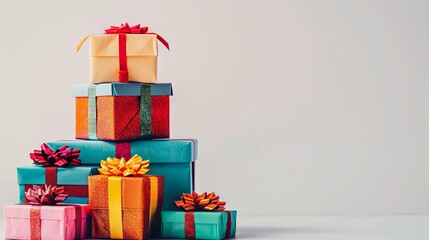 A lively stack of colorful gift boxes adorned with festive ribbons set against a white background