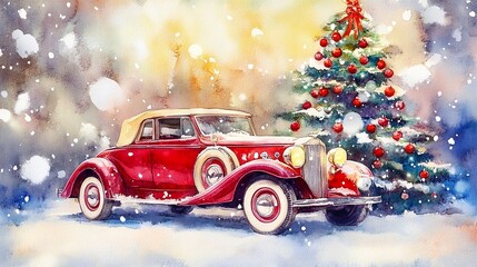 Watercolor painting of a vintage car with a Christmas tree