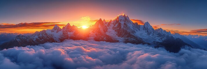 Naklejka premium Majestic mountain peaks pierce the sky, bathed in the warm glow of a sunrise, a sea of clouds billowing below.