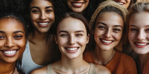 Fototapeta premium a diverse group of friends, different skin tones and smiling faces, soft background light emphasizes unity and diversity